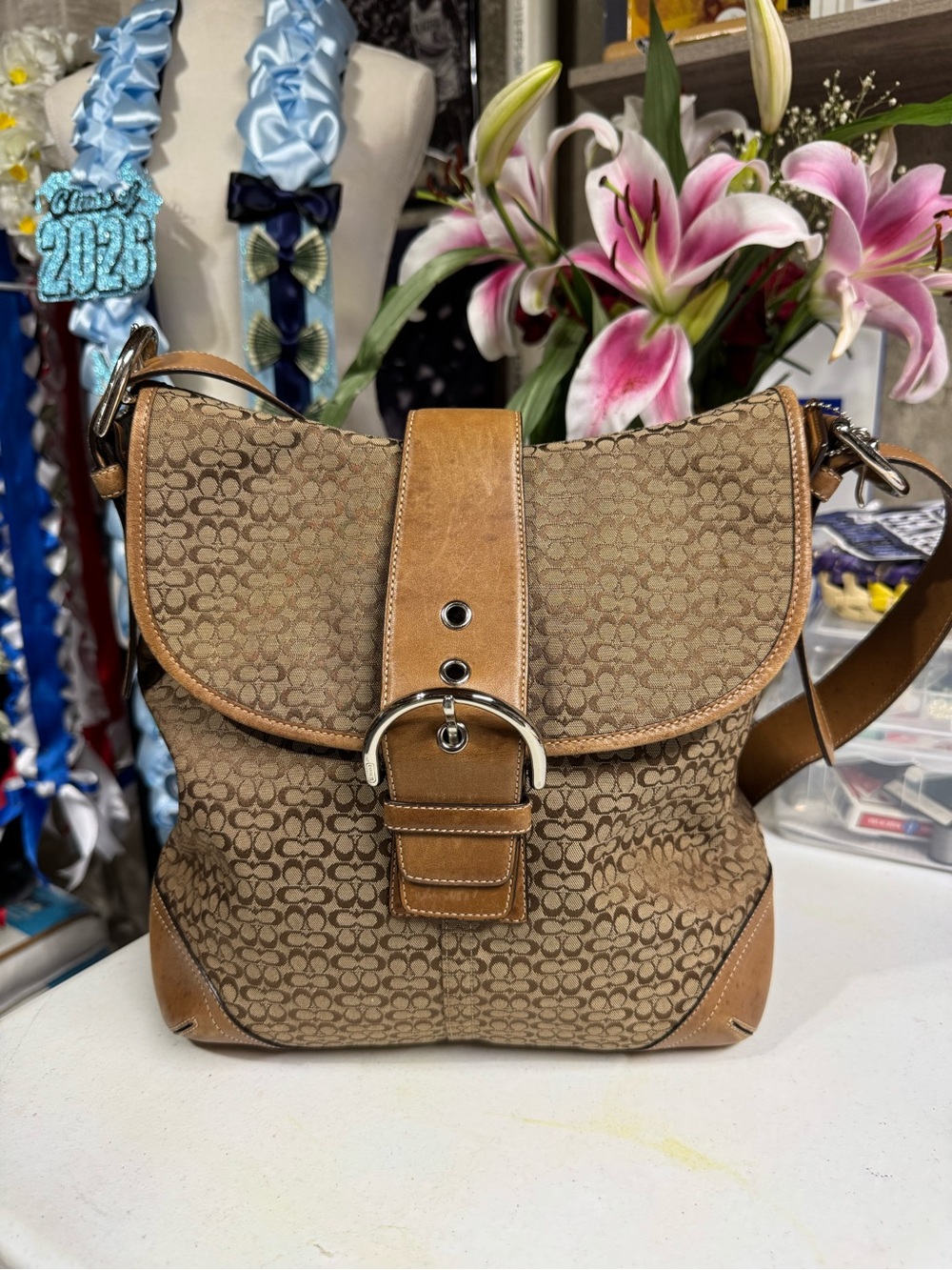 Coach Signature Canvas Saddle Shoulder Bag in Brown & Tan